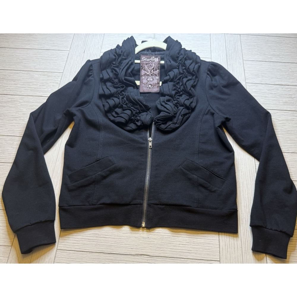 Starling Black 100% Cotton Zip‎ Front Jacket W/ Ruffle Collar & Pockets Sz S